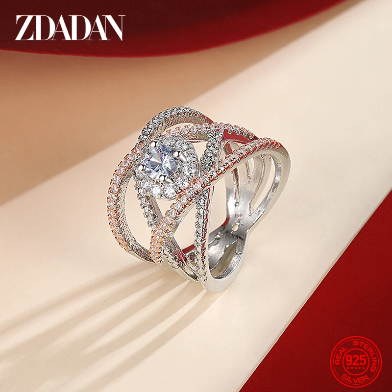 ZDADAN 925 Sterling Silber Roségold Zirkon Webfingerring für Frauen, Party-Schmuck, Geschenk Image