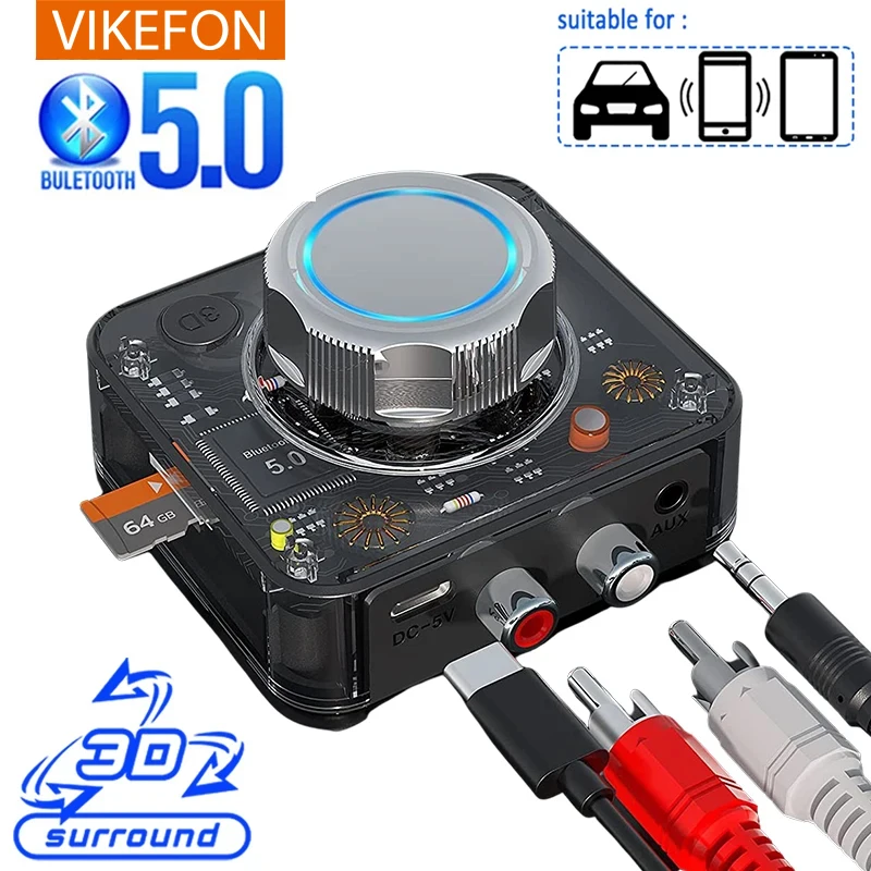 VIKEFON Bluetooth 5,0 Empfänger 3D Stereo TF Karte RCA 3,5mm AUX Jack Wireless Adapter Für Lautsprecher Verstärker Auto Audio sender Image