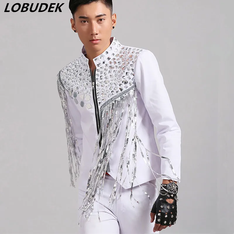 Nachtclub Männer Sänger Rock Punk weiß Pailletten Quaste Jacke Bühne Kostüm Reiß verschluss Bar Vokal konzert Jazz Tänzer Performance Kleidung