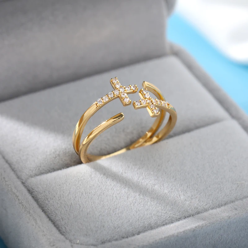 Zirkon Doppel Kreuz Ringe Für Frau Edelstahl Gold Farbe Glänzende Öffnung Ring Neue Luxus Mode Hochzeit Schmuck Geschenk Bague Image