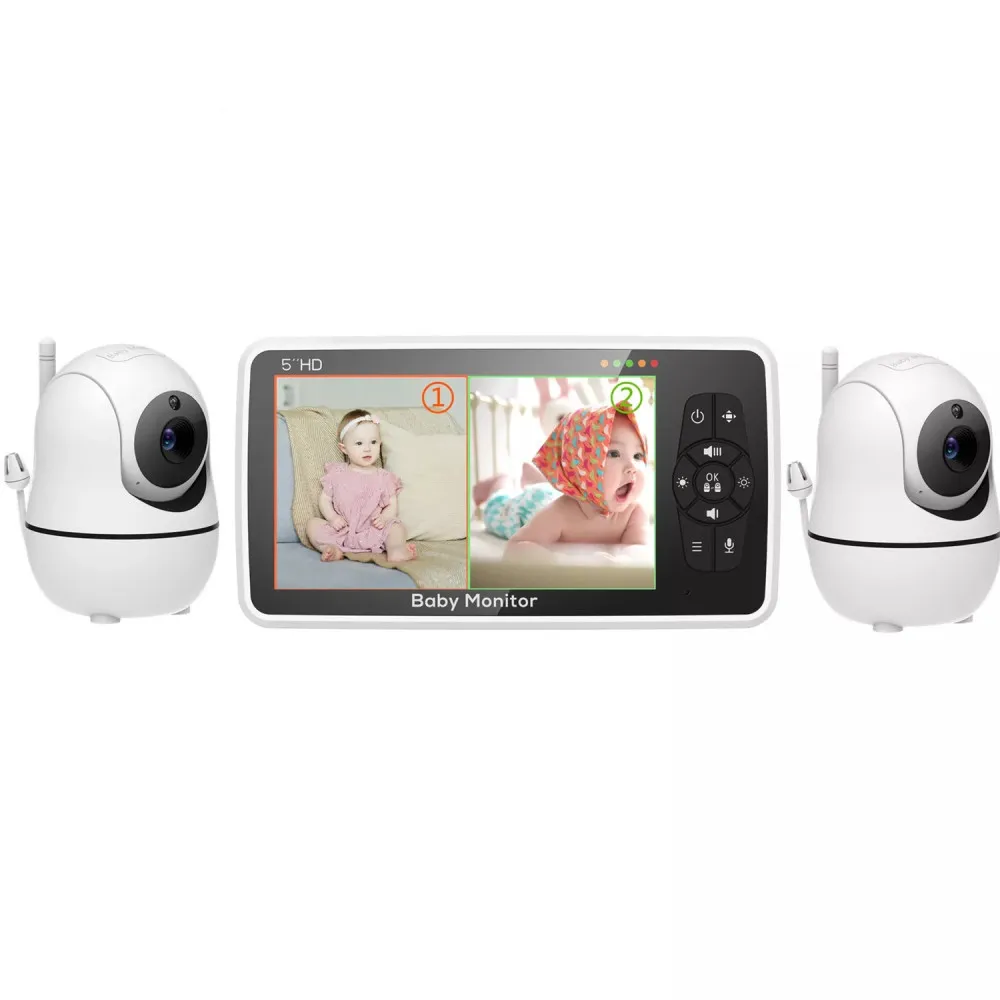 5-Zoll-Video-Babyphone mit zwei Kameras und Audio, Nachtsicht, 4x Zoom, 1000ft Reichweite 2-Wege-Audio-Temperatursensor Wiegenlied Image