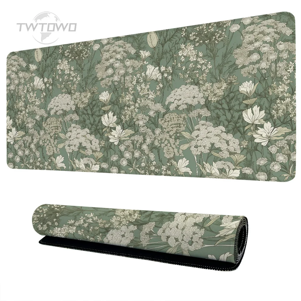 Mauspad Gamer Grün Vintage Blumen XL Heimcomputer Großes Mauspad XXL Spielmatte Weich Büro Rutschfester Teppich Computertischmatte