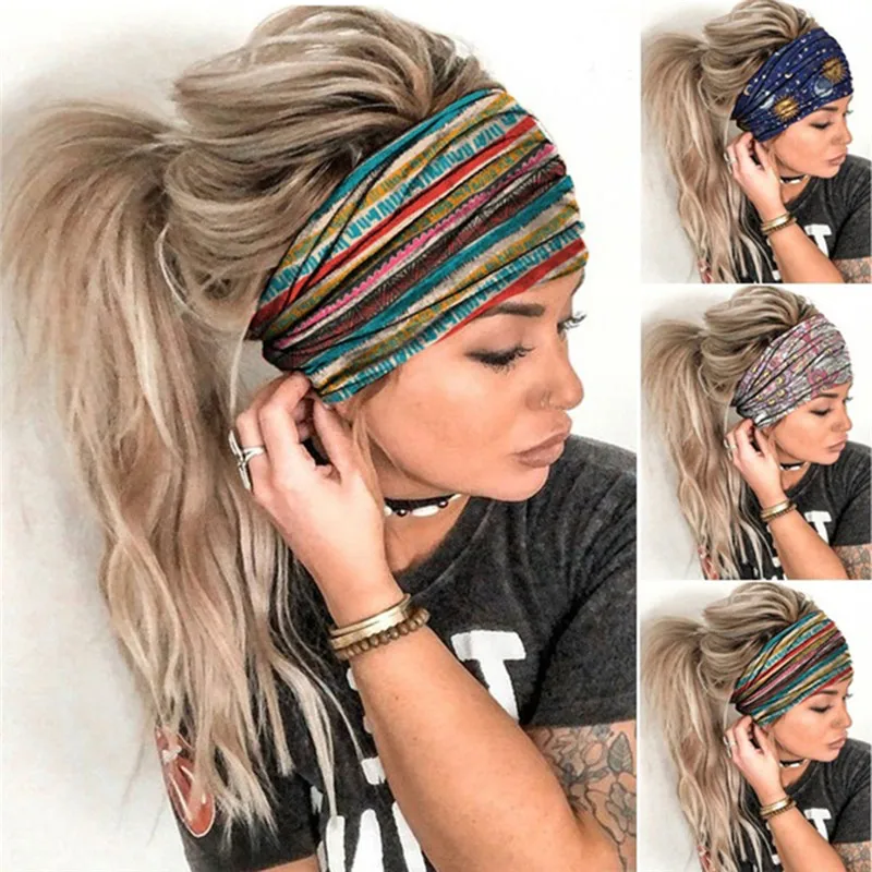 Neue Boho Blumendruck breite Stirnbänder Vintage Knoten elastische Turban Headwrap für Frauen Mädchen Baumwolle weiche Bandana Haarschmuck Image