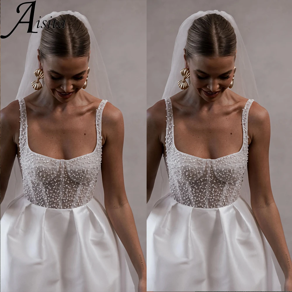 Kurzes Hochzeits kleid maßge schneiderte Neck holder Satin Tüll Mini Brautkleider A-Linie Perlen elegante und hübsche Damen kleider Image