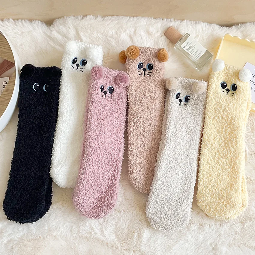 Frauen Winter Warme Flauschige Socken Dicke Hause Boden Schlaf Nette Katze Kawaii Tier Bär Panda Fuzzy Socken Korea Stil Japanische Mode Image