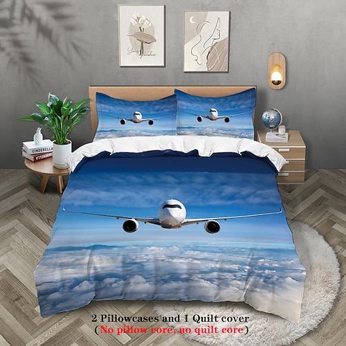Bettbezug-Set mit Flugzeug, Himmel, Sonnenuntergang, Landebahn – enthält Bettbezug und Kissenbezüge – atemberaubendes Flugzeug- und Sonnenuntergangsdesign – weicher und bequemer Stoff Image