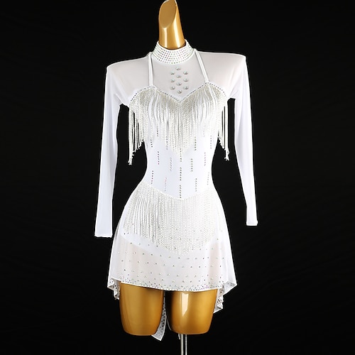 Latein-Tanz Kleid Strass Quaste Damen Leistung Ausbildung Langarm Hoch Spandex Tüll Image