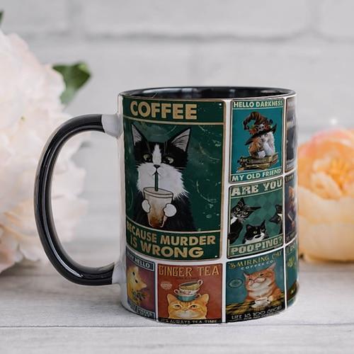 Kaffeetasse mit Katzenmotiv – lustige Kaffeetassen, beidseitig bedruckte Keramik-Kaffeetassen als Katzen-Geschenk für Frauen Männer, spülmaschinenfeste neuartige Kaffeetassen für Frauen Männer