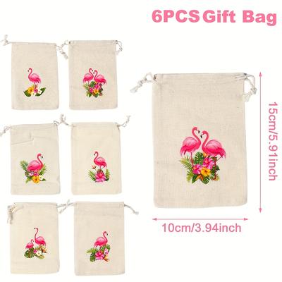 TEMU Flamingo Linen Drawstring Gift Bags - 6 Pack Cartoon Flamingos Print Party Favor Pouches For Birthday And Celebrations, Tropical Theme Snack And Candy Packaging Bags Image