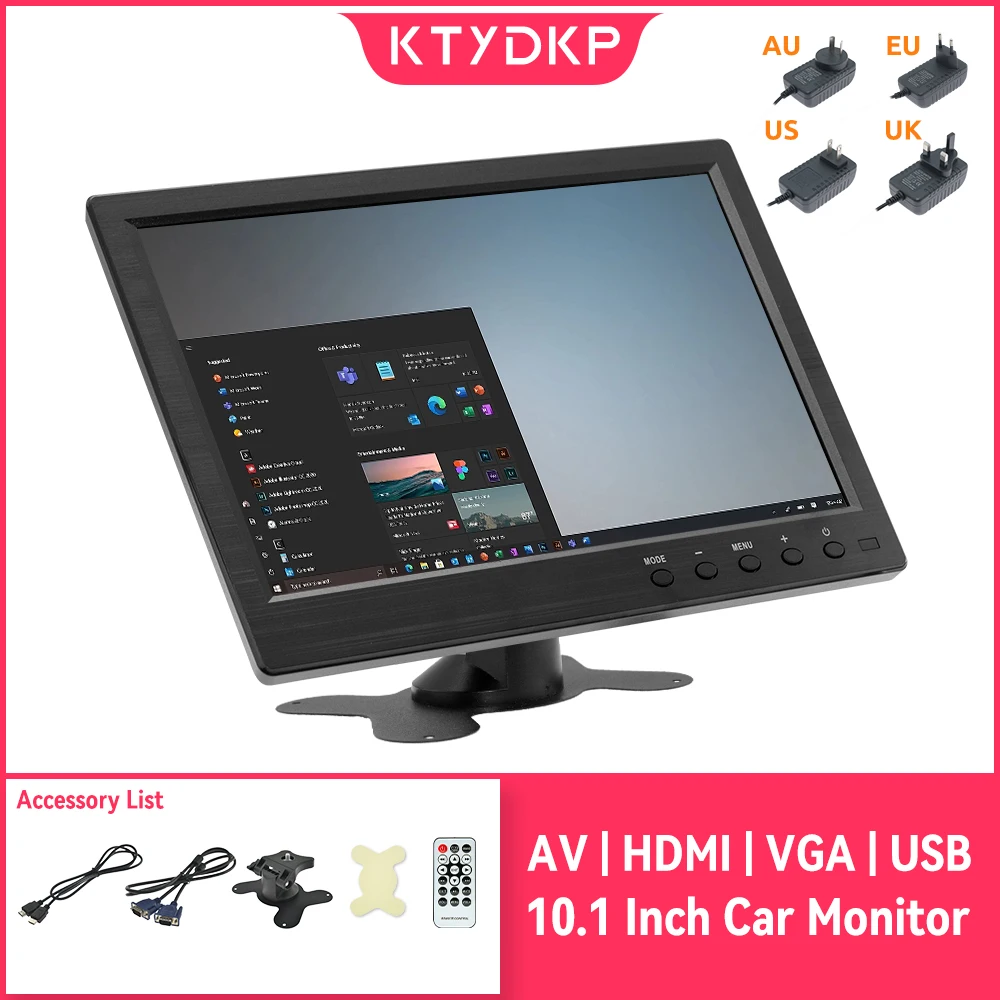 Ktydkp Auto monitor 10.1 "LCD-Bildschirm 1024x600 Home Monitor Digital Color Reverse Park monitor mit VGA/Video/Audio/USB-Anschluss Image
