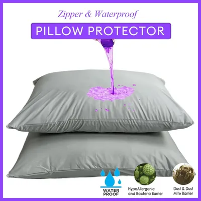 2pcs Grey Waterproof Pillow Protector Bedbug Proof Zipper Pillow Cover 50x70cm Washable & Anti Mites