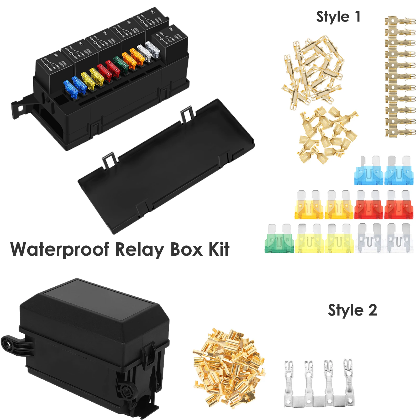 12 V Sicherungsrelais-Box-Kit, 52 Crimp-Anschlüsse, 11 ATC/ATO-Sicherung und 6 Relais, wasserdichter Auto-Sicherungsen-Relais-Box-Block für Auto, LKW, Wohnmobil, Boot Image