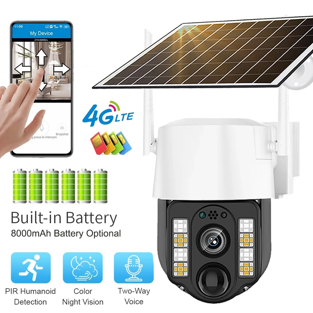 V380 Pro Solar Kamera 4G Sim Outdoor PIR Menschliche Erkennung Drahtlose Camaras Powered Energie Wasserdichte CCTV Home Security Schutz Image
