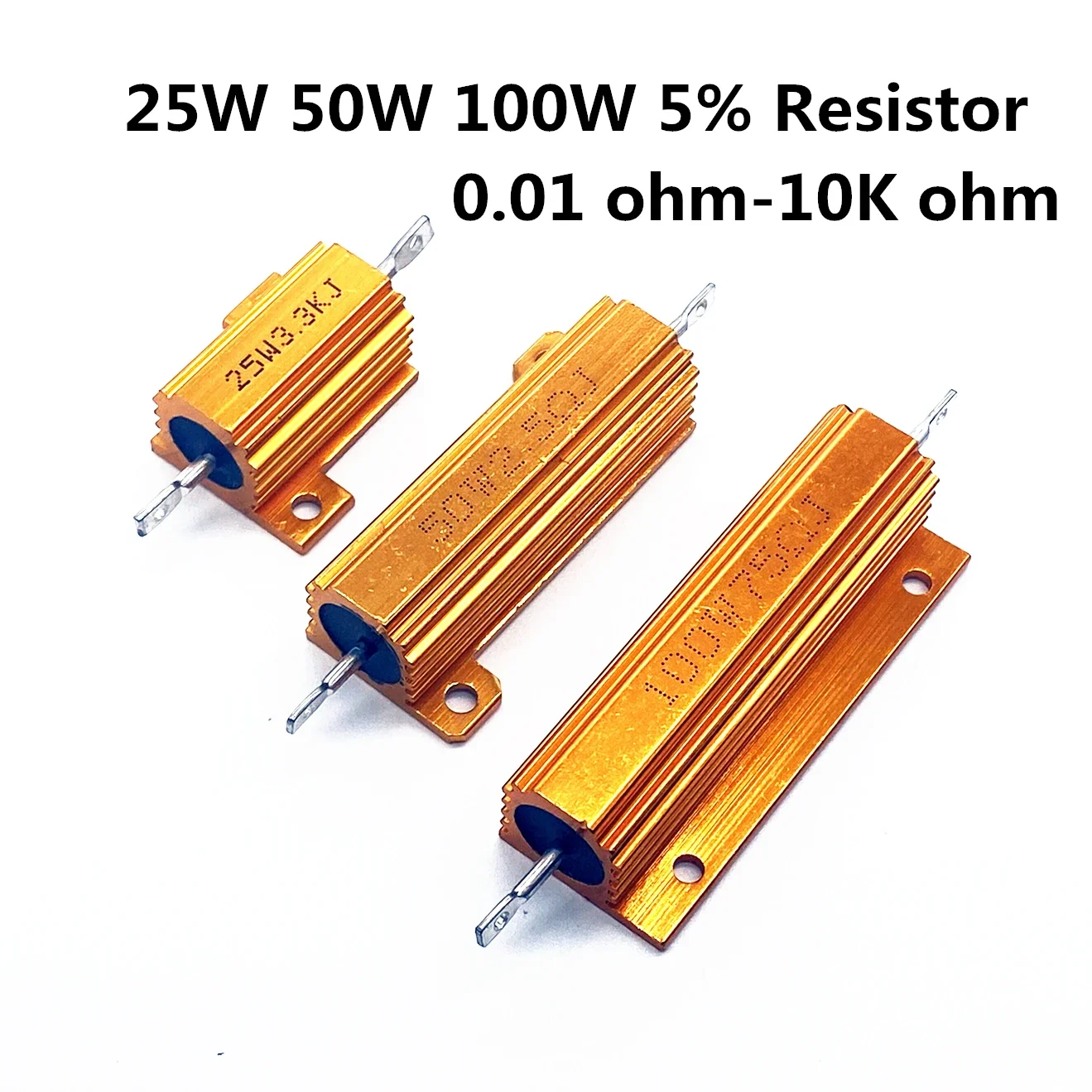 2 Stück 10 W 25 W 50 W 100 W Aluminium-Hochleistungs-Metallgehäuse, drahtgewickelte feste Widerstände, 0,01–10 kOhm, Dummy-Last-Drahtwundwiderstand Image