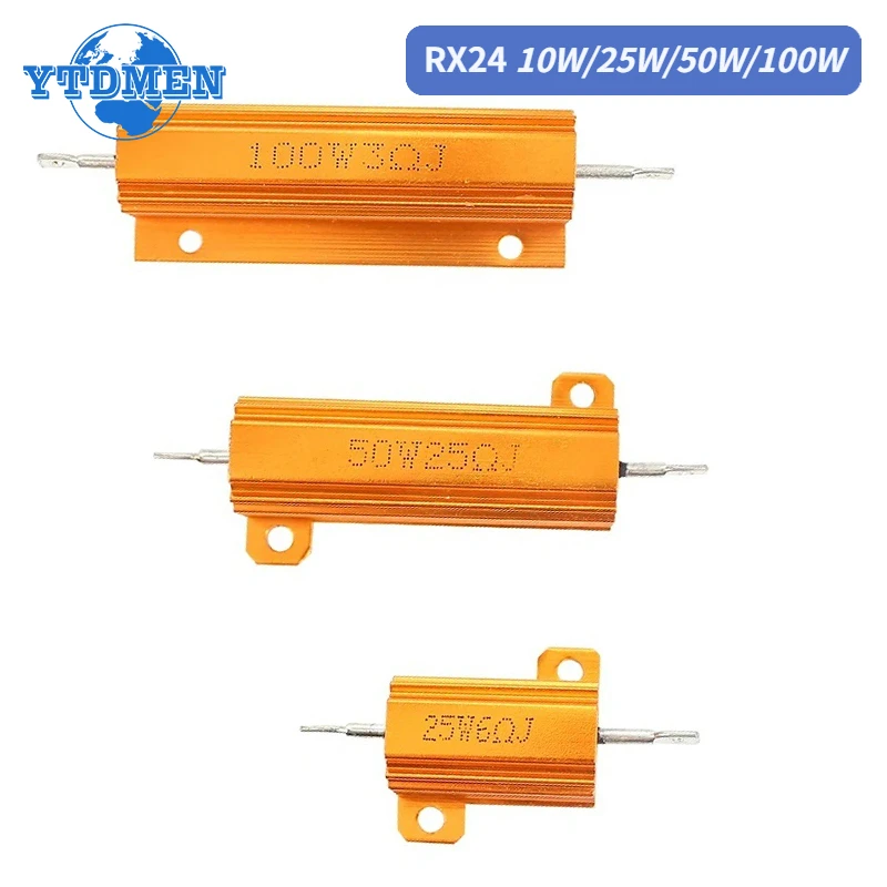 1PCS Alluminio Potenza Custodia a conchiglia in metallo Resistore a filo avvolto 10W 25W 50W 100W RX24 0.1 ~ 1Kohm 8 10 50 1K Ohm Resistori di carico di resistenza