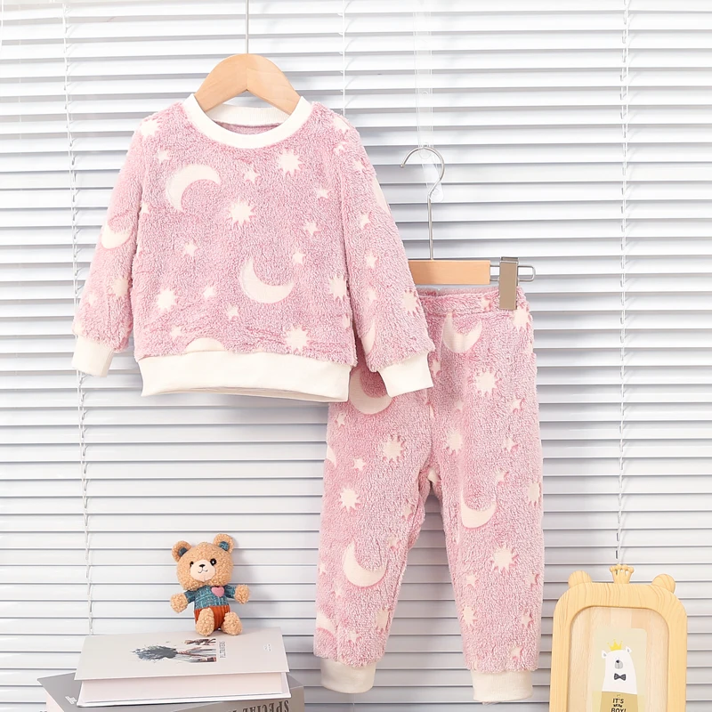 Baby Mädchen Herbst/Winter Plüsch Nacht Fluoreszierende Hause Pelz Baby Warme Pyjama Set Modische und Bequeme Kinder Zubehör Image