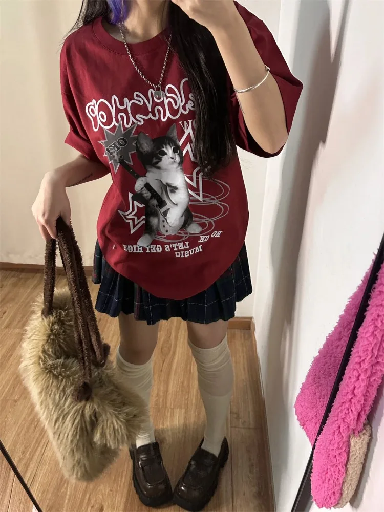 HOUZHOU Kawaii Katze Gedruckt Rote T-shirts Frauen Harajuku Übergroßen Punk Stil Tops Nette Grafik Kurzarm T-shirts Baumwolle Casual