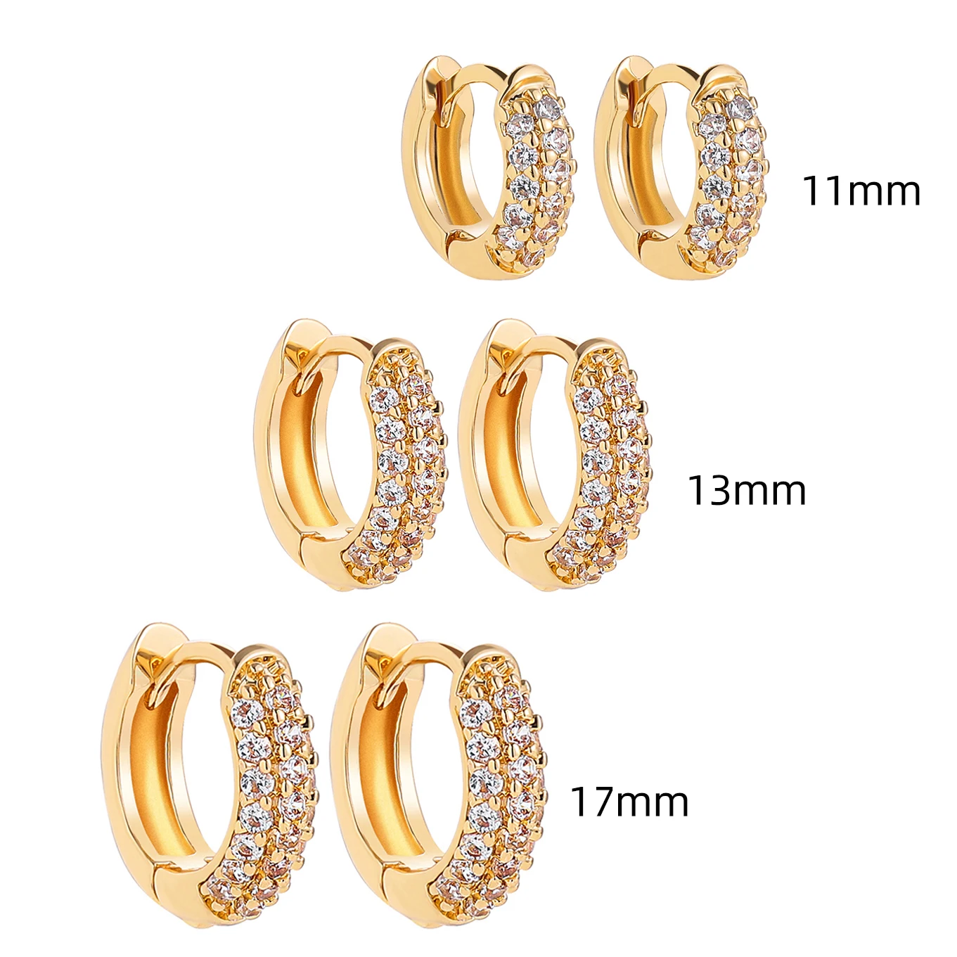 3 Größen klassische vergoldete glänzende CZ-Zirkonia-Huggie-Ohrringe für Frauen, niedliche halbrunde Kristalle, Creolen, Knorpel-Piercing-Schmuck Image