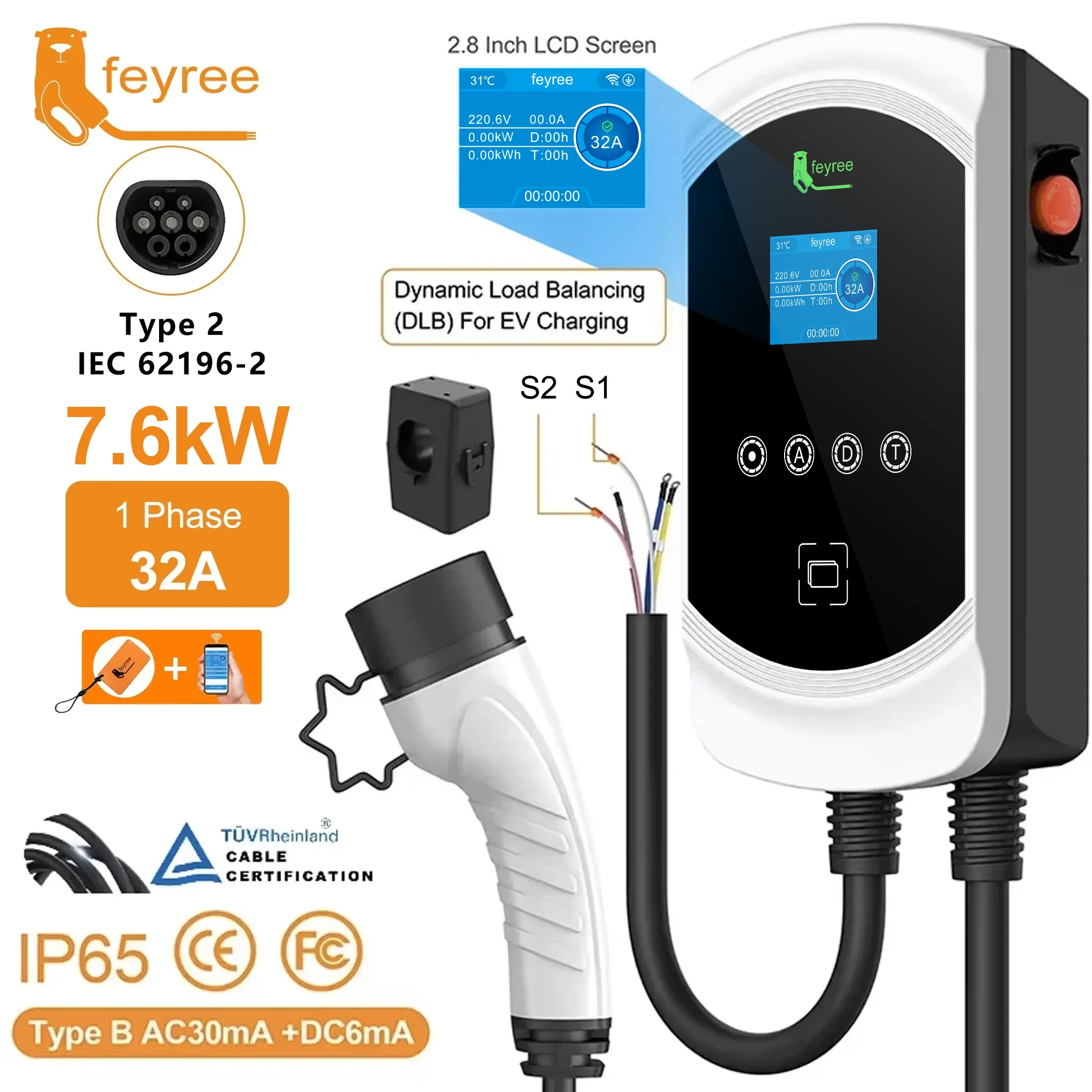 feyree EV-Ladegerät Typ2 Kabel 32A 7,6kW Dynamische Lastverteilung EVSE Wallbox APP-Funktion 11kW 22kW Ladestation für Elektroautos Image