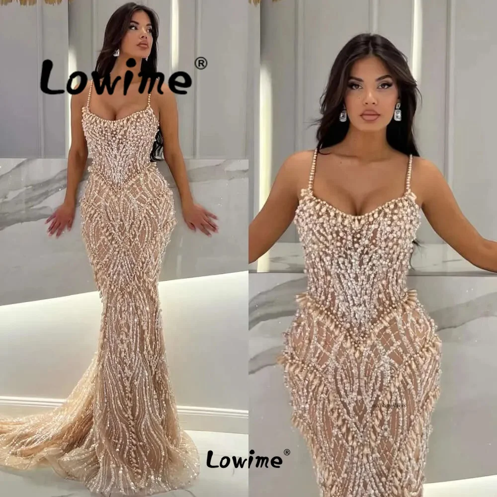 Champagner Perlen Abendkleid Meerjungfrau Spaghettiträger Hochzeit Partykleid Maßgeschneiderte arabische Promi-Kleider Elegantes Abendkleid Image