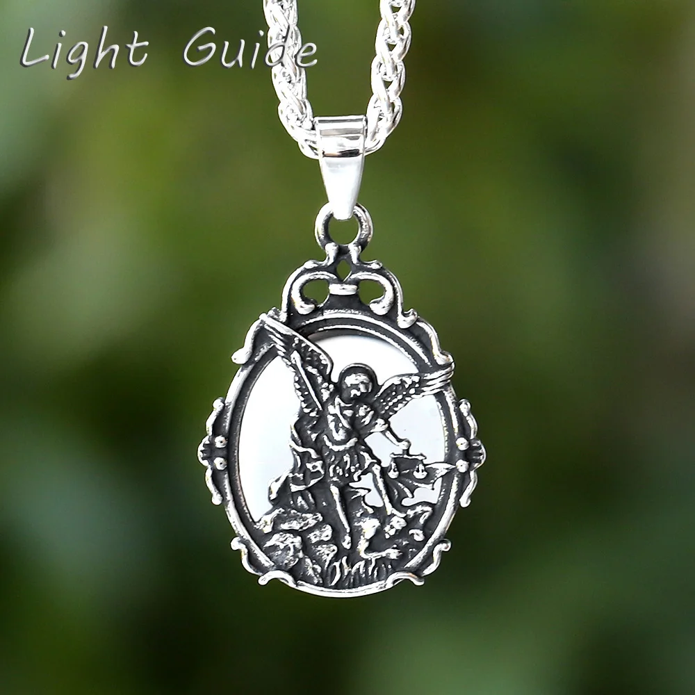 2024 Coole Männer Katholischer Schutzpatron Spiegel Mit Saint Michael Anhänger Halskette der Erzengel 316L Edelstahl Schmuck Hallown Geschenk Image