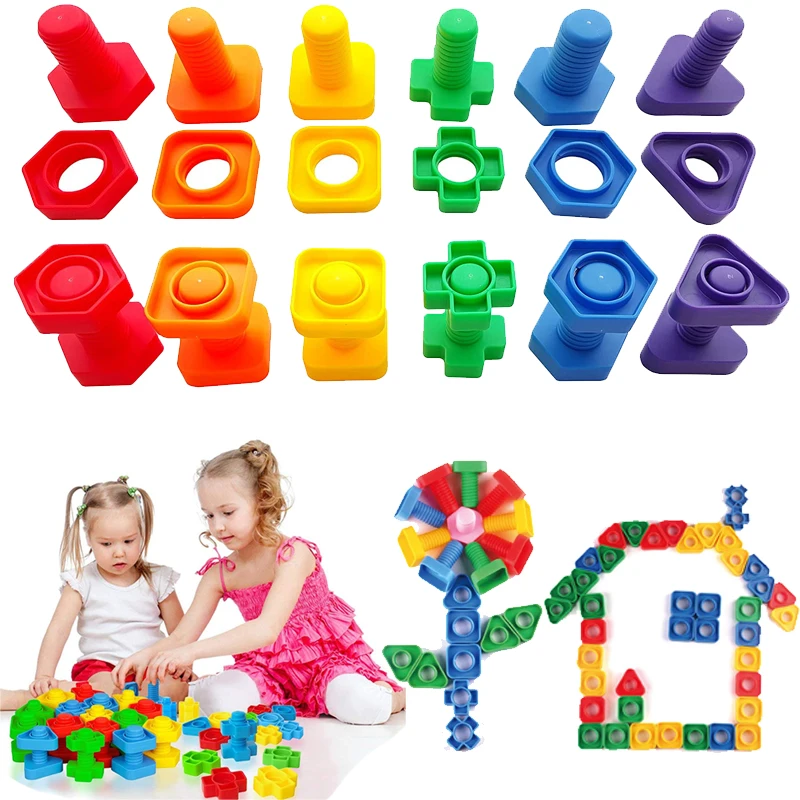 6Pcs Mutter Form Schraube Bausteine Spiel Puzzle Spielzeug Für Kinder Infant Montessori Form Farbe Erkennen Pädagogisches Spielzeug Image