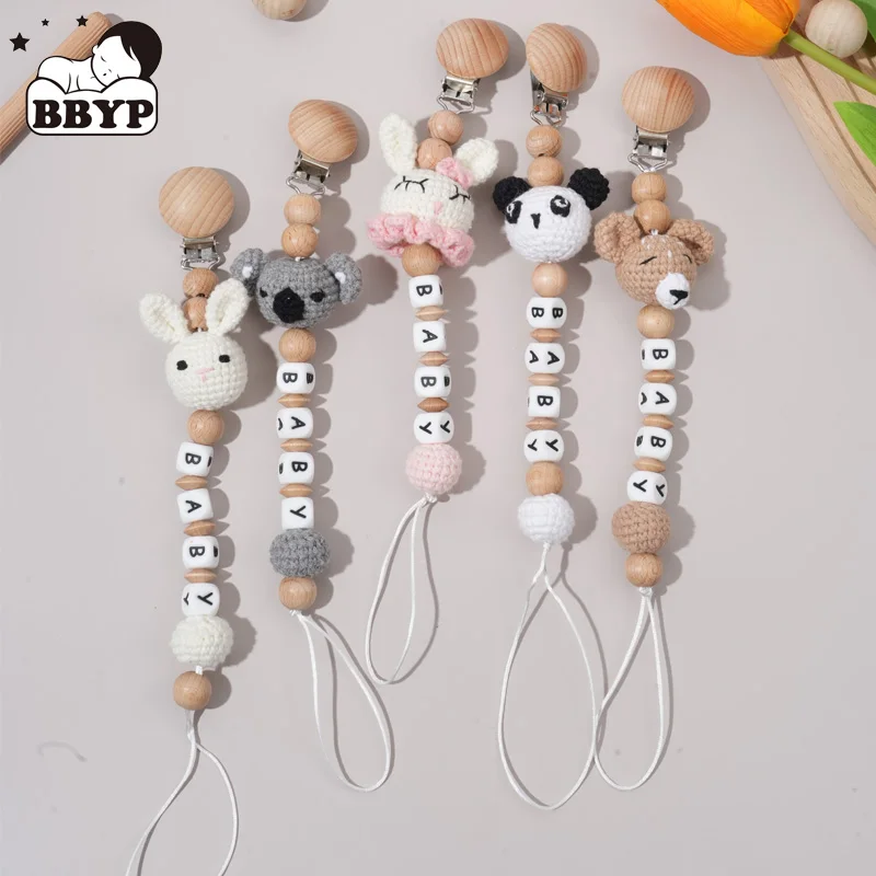 Baby Custom Name Häkeln Tier Bär Ring Schnuller Clips Sichere Zahnen Ketten Beißring Umweltfreundliche Dummy Buche Clips Halter Image