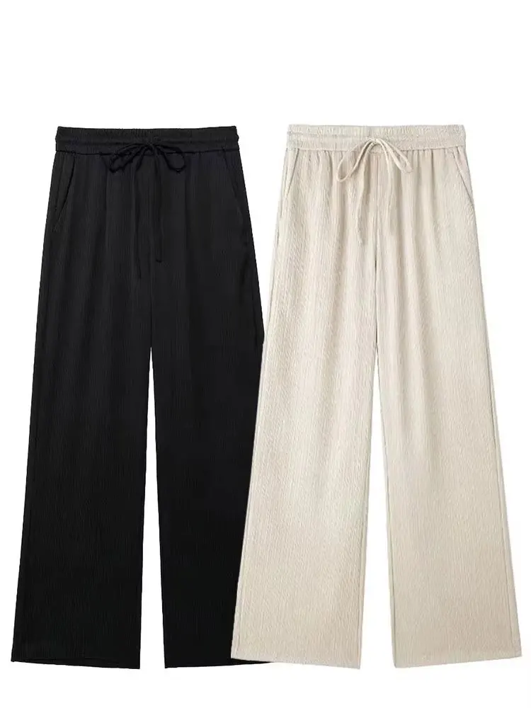 HH Frauen Casual Lose Gerade Hosen Elegante Beige Plissee Kordelzug Hohe Taille Hosen 2024, Neue Mode Breite Bein Hose