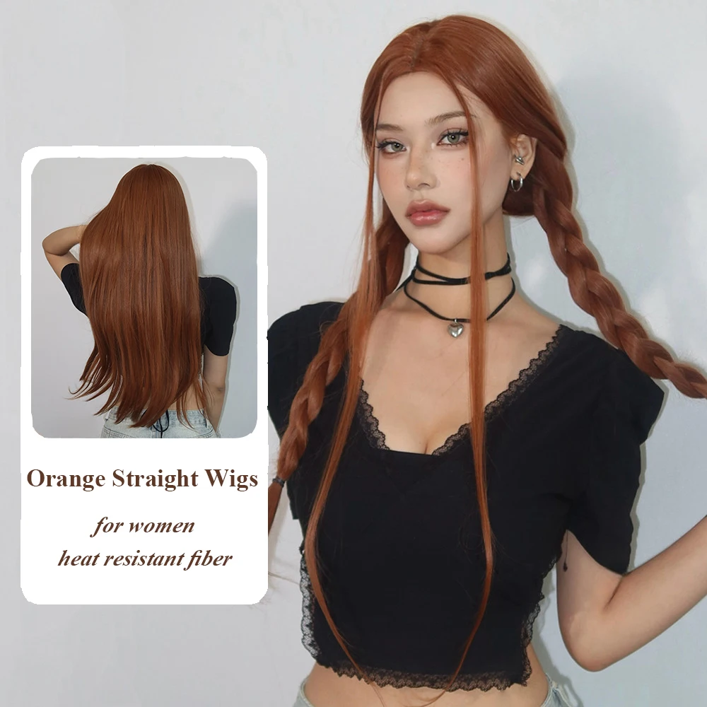 ALAN EATON Lange orange gerade synthetische Perücken, orangefarbenes Haar, Mittelteil-Perücke für Frauen, Hochtemperaturfaser, natürliche tägliche Party Image