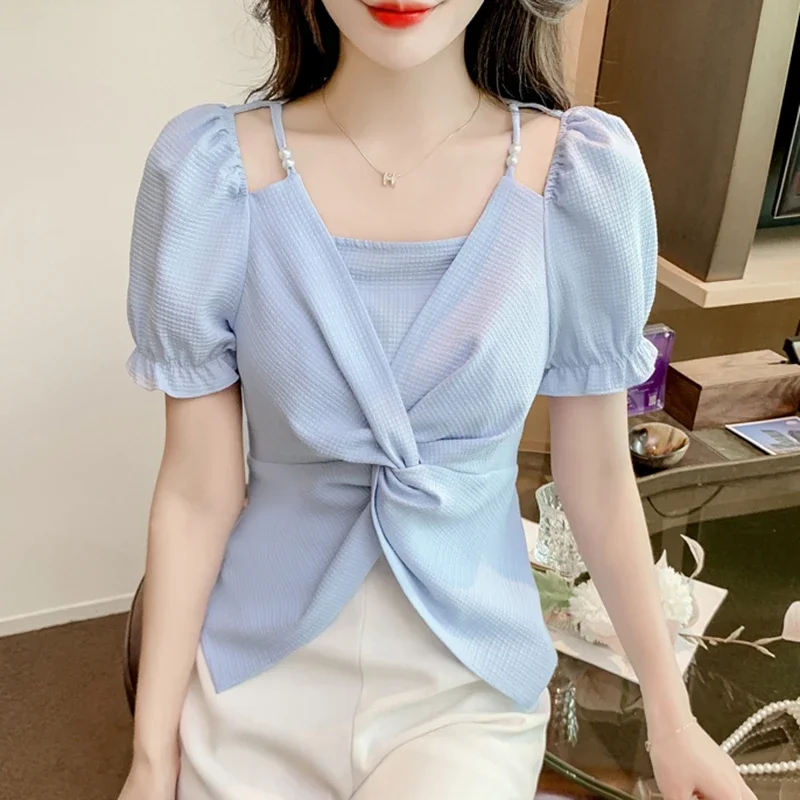 Women Summer Chiffon Blouses Casual 2026 Korean Fashion Clothes Puff Sleeve Crop Tops Sexy French Slim Elegant Ladies Shirts Y2k