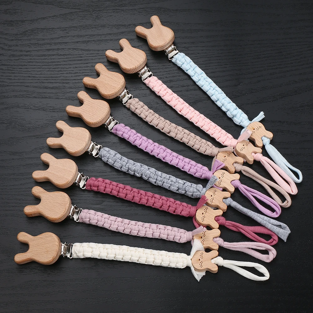 Buche Holz Baby Schnuller Clips Handgemachte Webart Baumwolle Seil Nippel Kette Für Baby Schnuller Dummy Halter Kette Pflege Kauen Spielzeug Image