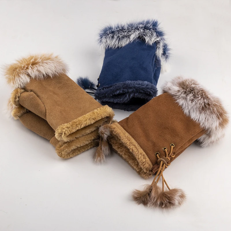 Künstliche Kaninchen Haar Handgelenk Handschuhe Frauen Wildleder Leder Warme Dicke Handschuhe Weibliche Fingerlose Computer Tippen Fäustlinge Winter