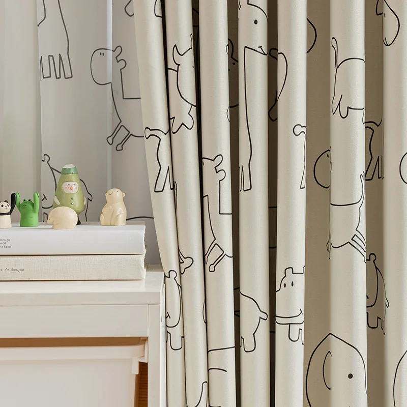 Verdunkelungsvorhänge mit Cartoon-Zoo-Beige für Kinderzimmer, niedliche Kindervorhänge für Schlafzimmer, Jungen und Mädchen, Babyvorhänge für Schlafzimmer, Schwarz