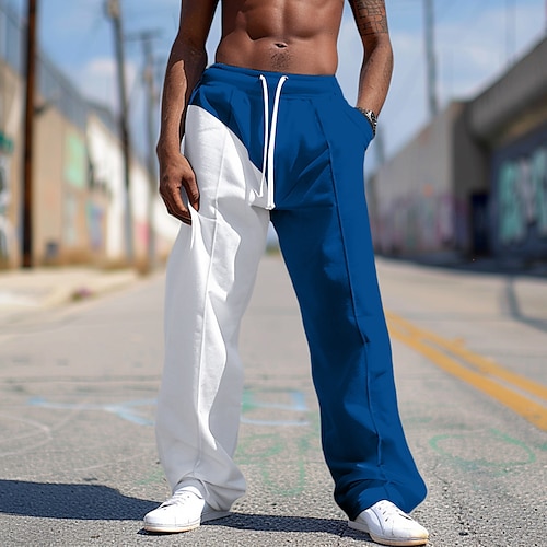 Herren Jogginghose Hose Gerade geschnittene Sweatpants Faltenhose Kordelzug Patchwork Elastischer Bund Farbblock Komfort Atmungsaktiv Volle Länge Lässig Täglich Ferien Sport Mode Schwarz Blau Image