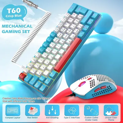 60% Mechanical Keyboard and Mouse Combo + Tray USB C Cable, RGB LED Backlit Keyboard, Red Switches,