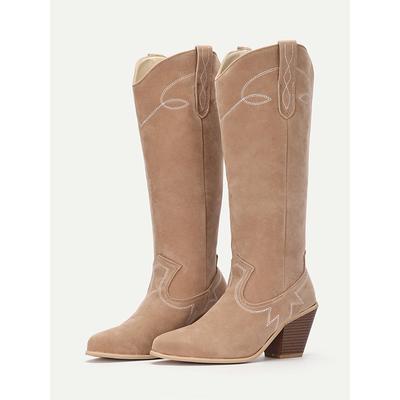 Women's Beige Suede Western Cowboy Boots with Stitch Detailing - Perfect for Rodeo, Country Concerts, and Daily Wear