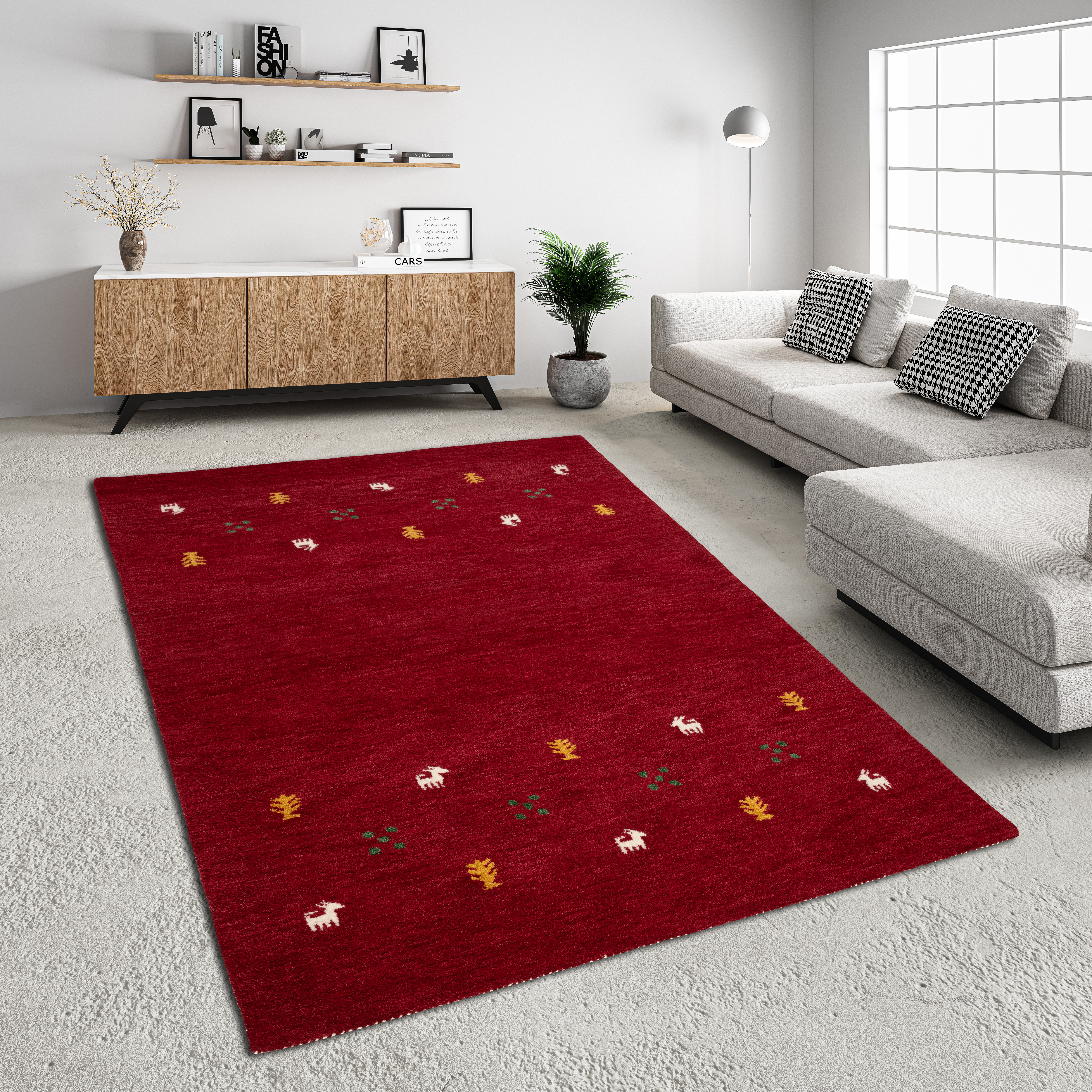 Wollteppich THEKO "Gabbeh Motiv, Handweb Teppich, Tiermotiv, reine Wolle, handgewebt" Gr. 4, rot (bordeaux), B:160cm H:14mm L:220cm, Wolle, Teppiche, reine Wolle, handgewebt, Wohnzimmer, Schlafzimmer, Esszimmer Image