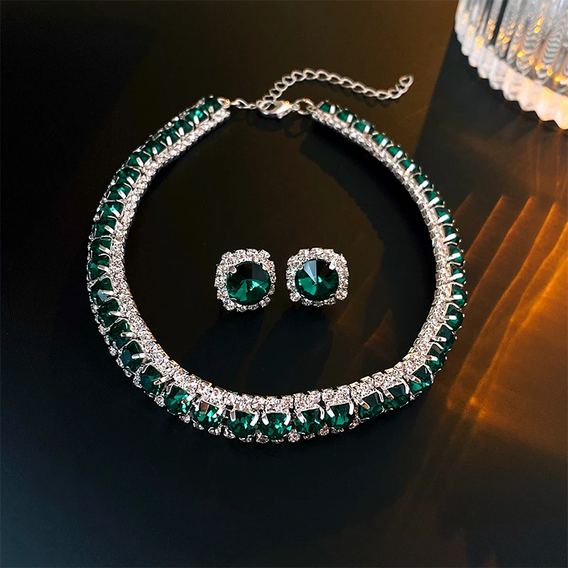 Luxus grüne Strass Halskette Ohr stecker für Frauen Kristall Choker Halsketten Damenmode Hochzeiten Bankett Schmuck Set Image
