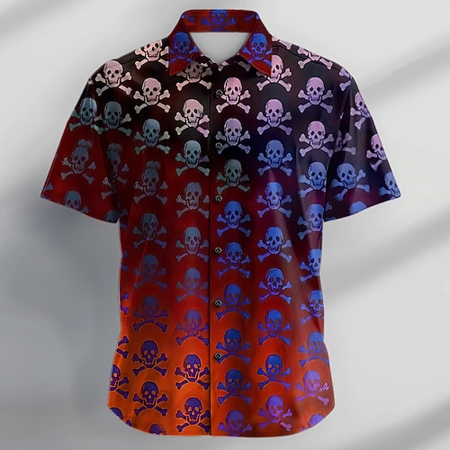 Herren Skull Kostüme Hemd Button-Up Hemd Kurzarm Lässig Urlaub tägliche Sommer Umklappen Kragenhemden Button-Up 3D Druck Rot Image