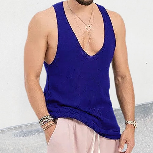 Herren Tank Top Weste Unterhemd Ärmelloses Shirt Ärmellos V Ausschnitt Frühling Sommer Einfach Mode Designer Basic Gestrickt Urlaub Straße Ausgehen Schwarz Rote Blau Top T-Shirt für Herren Image