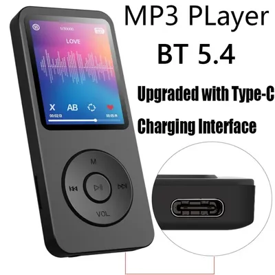 Portable MP3 Player 1.8 Inch Walkmen Type-C Bluetooth 5.4 Compatible E-Books Recording Sports MP4 FM