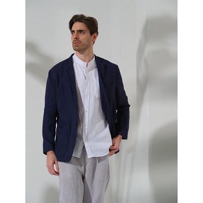 100% Linen Men's Linen Blazer Blazer Business Formal Evening Wedding Party Fashion Casual Spring Fall Plain Pocket Casual / Daily Single Breasted Blazer Black Dark Blue