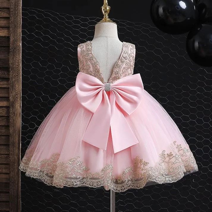Mädchen bestickte Schleife Prinzessin Kleid 0-6 Jahre alte Baby Mode Spitze offenen Rücken flauschigen Kleid Geburtstag Hochzeit Blumen mädchen Kostüm Image