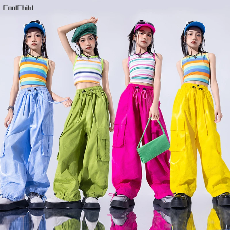 Mädchen Hip Hop Regenbogen gestreifte Ernte Tank Top bunte Cargo hose Kinder Street Dance Jazz Kostüme Kinder Streetwear Kleidung Set