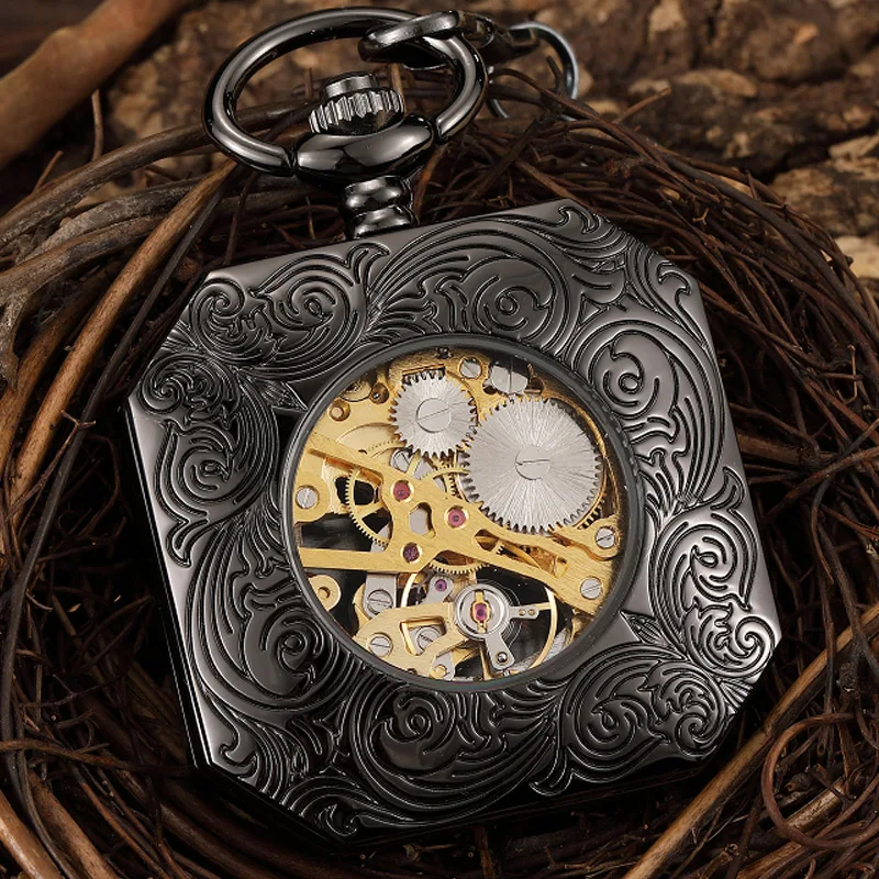 Montre de Poche Mécanique Creuse Noire pour Homme, Mascotte Alberoise, Vent à la Main, Modules Rétro, Seton, Fob, JOWatch, Horloge Steampunk, Coffret Cadeau