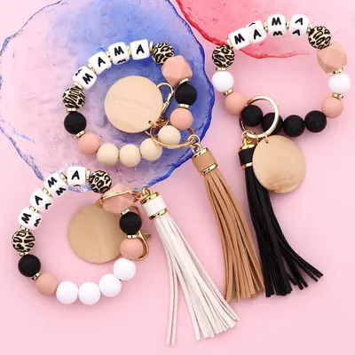 Mother's Day Gift Leopard Silicone Bead Key Chain Letter MAMA Beaded Wristlet Keychain With Wood