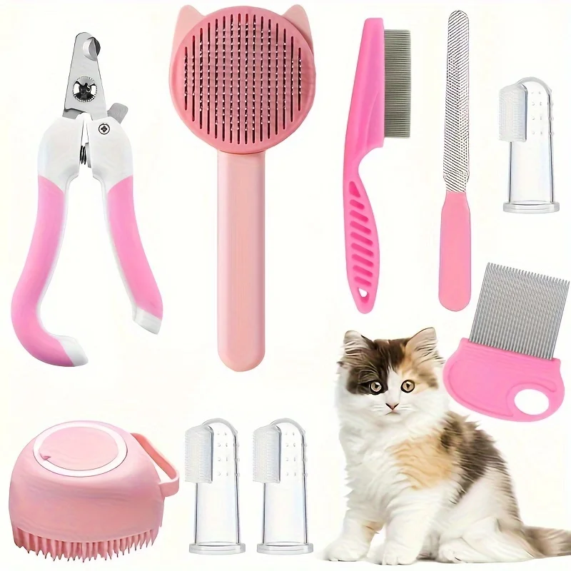 8 pezzi kit di bellezza spazzola per gatti con tagliaunghie per animali domestici e lime kit autopulente per animali pet pettine per pulci shampoo per animali spazzola da bagno sheddin per animali
