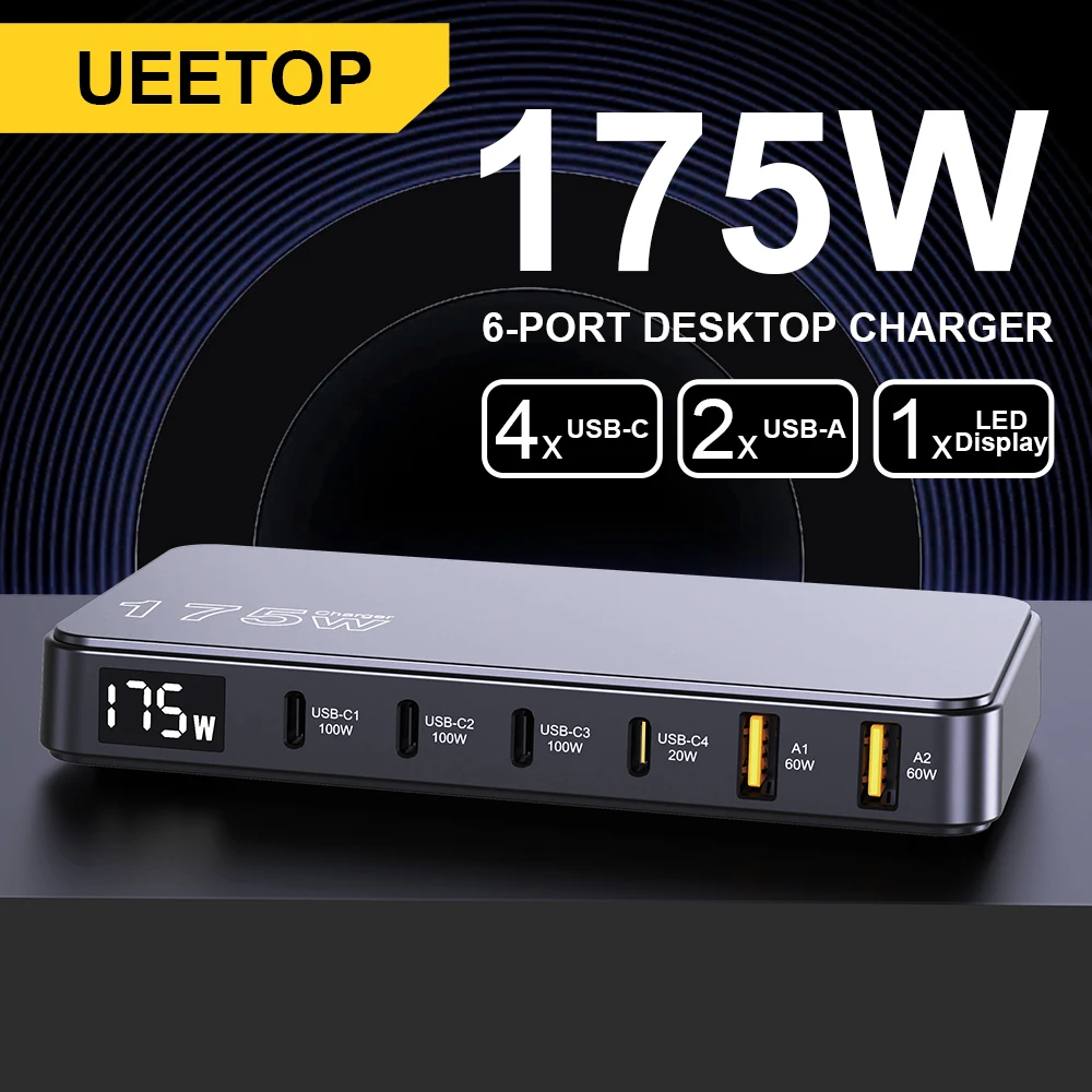Ueetop 175 W GaN USB C Ladegerät LED-Anzeige 6-Port-Desktop-Ladegerät Typ C PD 100 W PPS 45 W Schnellladung für MacBook Samsung iPhone Image