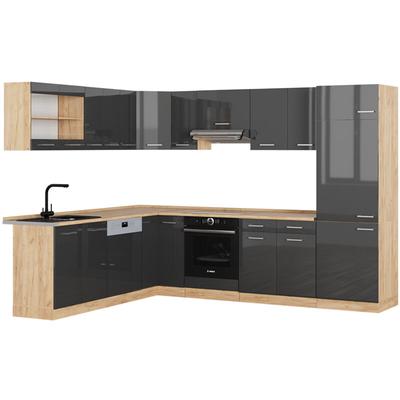 Eckküche R-Line, Anthrazit Hochglanz/Goldkraft Eiche, 227 x 287 cm ohne Arbeitsplatte Vicco