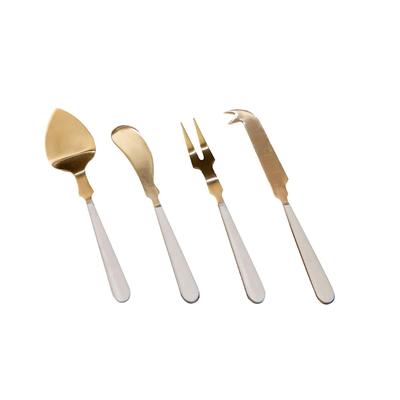 Set of 4 Gold Cheese Set w/ White Resin Handles in Giftbox - Gold & White